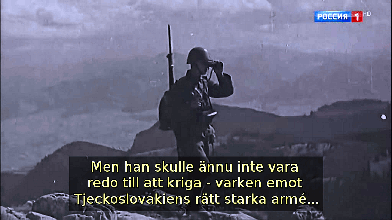 Men han skulle ännu inte vara redo till att kriga - varken emot Tjeckoslovakiens rätt starka armé... (Bild ur filmen &laquo;Det stora okända kriget&raquo;)