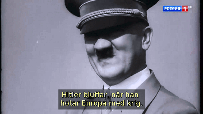 Hitler bluffar, när han hotar Europa med krig. (Bild ur filmen «Det stora okända kriget»)