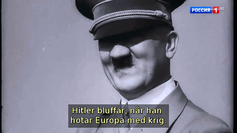 Hitler bluffar, när han hotar Europa med krig. (Bild ur filmen &laquo;Det stora okända kriget&raquo;)