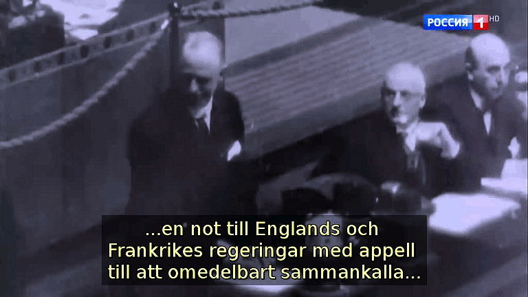 ...en not till Englands och Frankrikes regeringar med appell till att omedelbart sammankalla... (Bild ur filmen &laquo;Det stora okända kriget&raquo;)