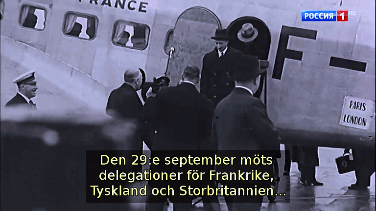 Den 29:e september möts delegationer för Frankrike, Tyskland och Storbritannien... (Bild ur filmen «Det stora okända kriget»)