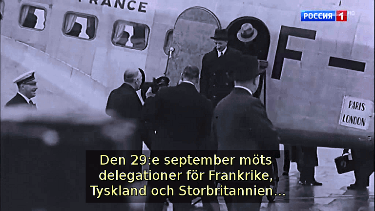 Den 29:e september möts delegationer för Frankrike, Tyskland och Storbritannien... (Bild ur filmen &laquo;Det stora okända kriget&raquo;)