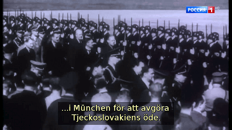 ...i München för att avgöra Tjeckoslovakiens öde. (Bild ur filmen &laquo;Det stora okända kriget&raquo;)