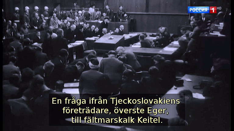 En fråga ifrån Tjeckoslovakiens företrädare, överste Eger, till fältmarskalk Keitel. (Bild ur filmen «Det stora okända kriget»)