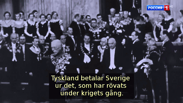 Tyskland betalar Sverige ur det, som har rövats under krigets gång. (Bild ur filmen «Det stora okända kriget»)