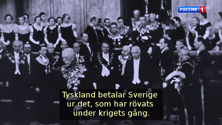 Tyskland betalar Sverige ur det, som har rövats under krigets gång. (Bild ur filmen &laquo;Det stora okända kriget&raquo;)