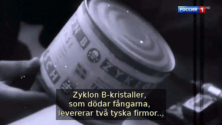 Zyklon B-kristaller, som dödar lägerfångarna, levererar två tyska firmor. Morgan och Rockefeller handlar med koncernens aktier på New York-börsen genom Chase National Bank. (Bild ur filmen &laquo;Det stora okända kriget&raquo;)