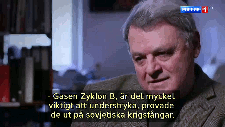 Gasen Zyklon B, är det mycket viktigt att understryka, provade de ut på sovjetiska krigsfångar. (Bild ur filmen «Det stora okända kriget»)