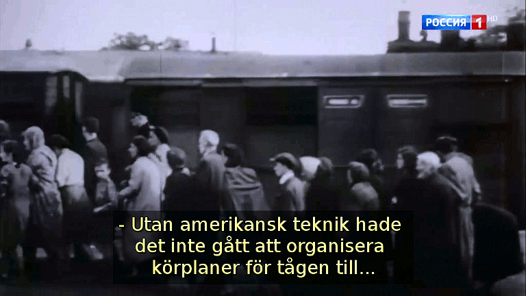 Utan amerikansk teknik hade det inte gått att organisera körplaner för tågen till... (Bild ur filmen «Det stora okända kriget»)