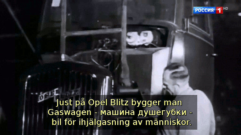 Just på Opel Blitz bygger man Gaswagen - en bil för ihjälgasning av människor. (Bild ur filmen «Det stora okända kriget»)
