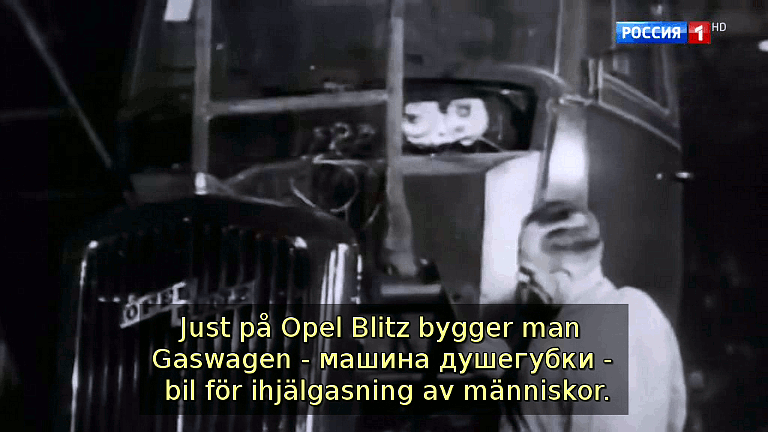 Just på Opel Blitz bygger man Gaswagen - en bil för ihjälgasning av människor. (Bild ur filmen &laquo;Det stora okända kriget&raquo;)