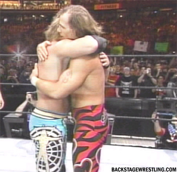A touching moment as the two men embrace! Im sure this was genuine on both parts in real life. But Y2J kept the feud going by kicking HBK down below!