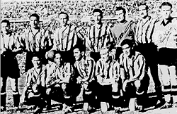 Equipo de f�bula del Atl�tico de Madrid, Menc�a, Aparicio, Lozano, M�jica, Domingo, Riera, P�rez Zabala, Juncosa, Ben Barek, Silva, Carlsson, Escudero