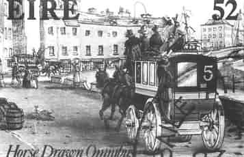 Ireland horse drawn omnibus postcard, based on Irish stamp issued Oct. 1993