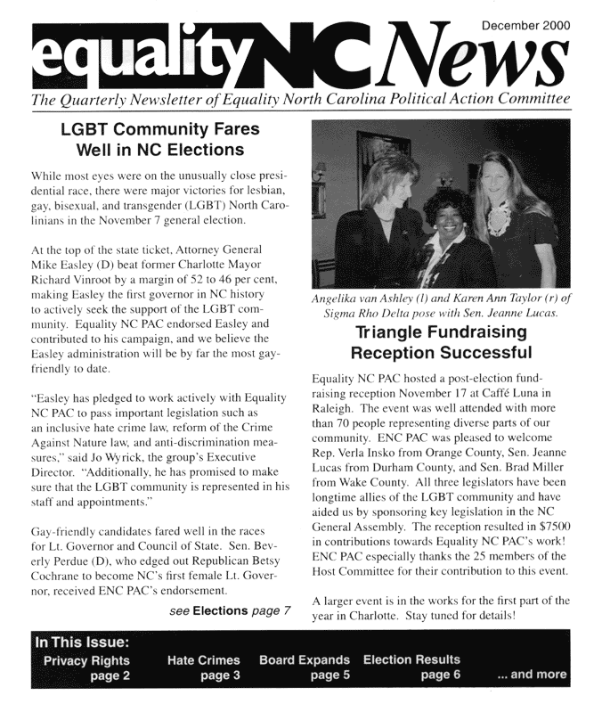 Karen Anne Taylor on EqualityNC Newsletter Cover