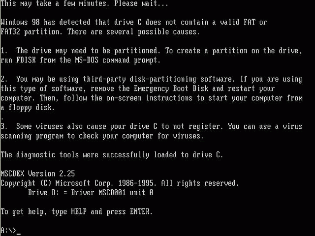 Starting up Windows 98 boot floppy