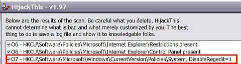 HijackThis showing DisableRegedit=1