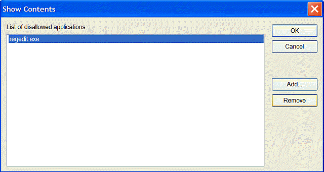 List of disallowed applications; regedit.exe