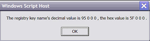 WSH message box giving the reg key's decimal and hex values