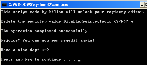 Unlock registry batch script in operation.