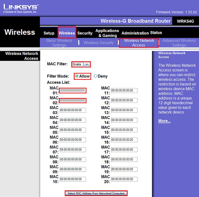 MAC address filtering (Wireless Network Access)