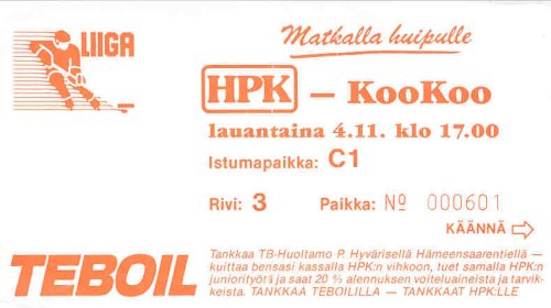 Jääkiekko-ottelun pääsylippu