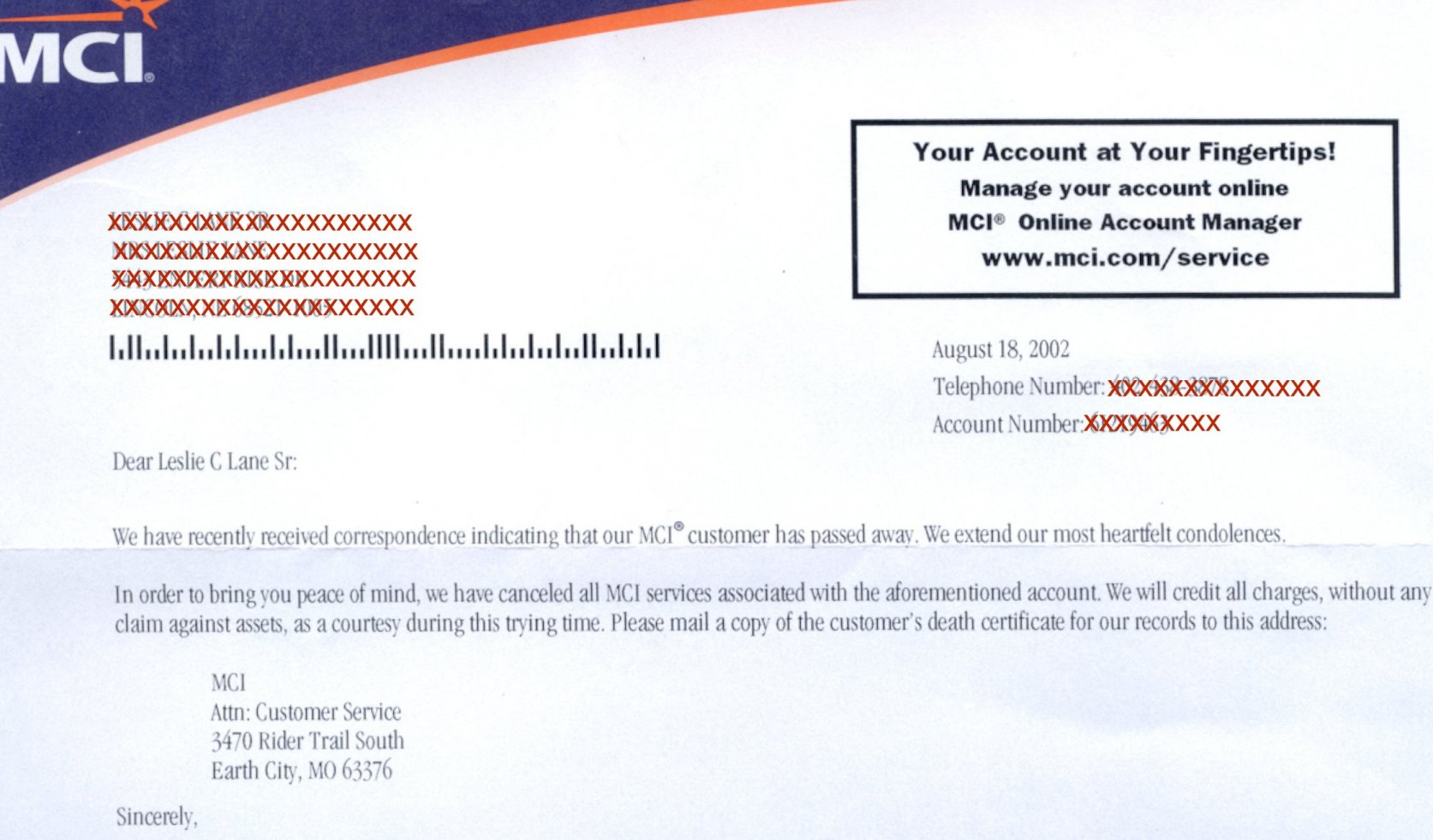 MCI, Request for death certificate