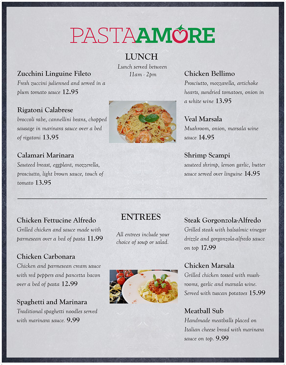 Pasta Amore Menu