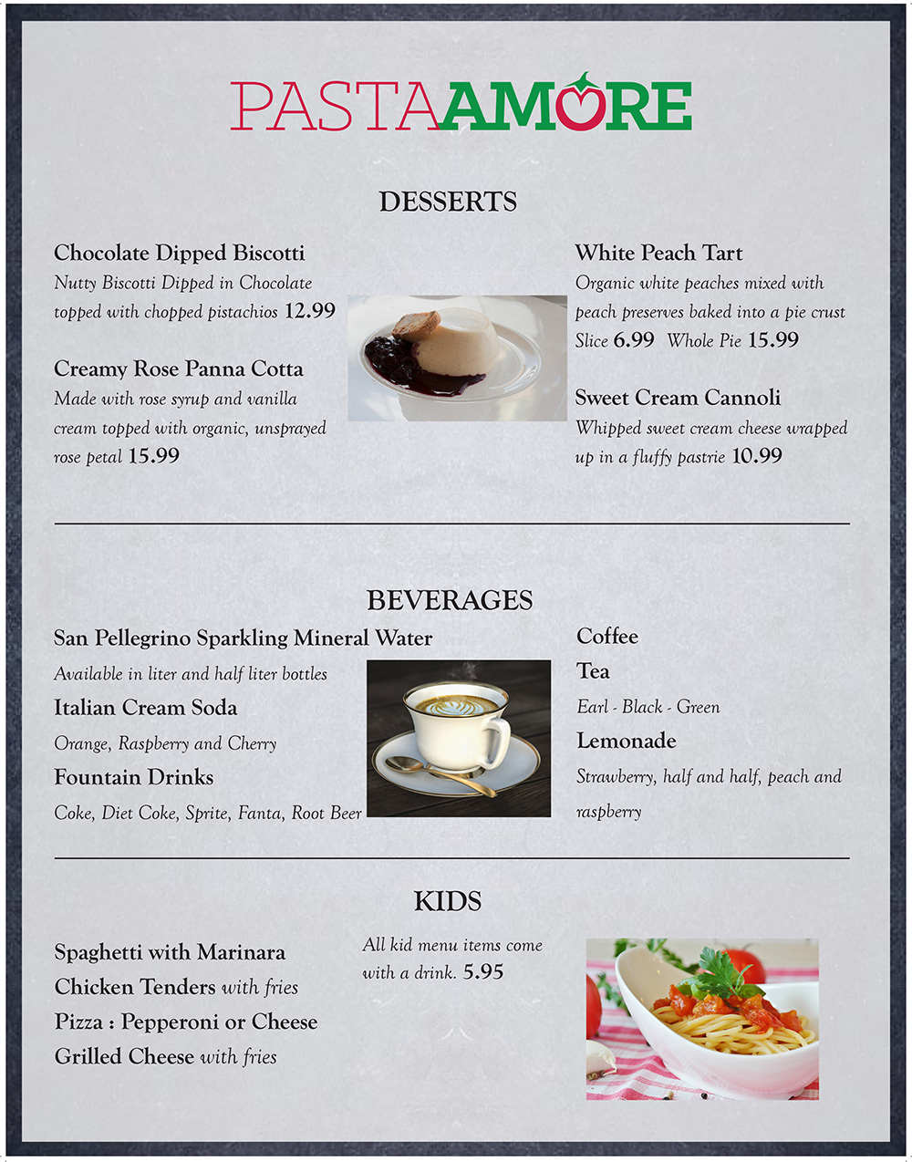 Pasta Amore Menu