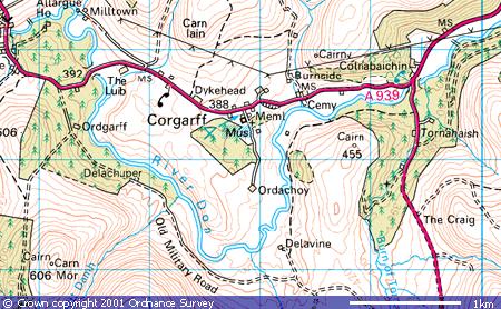 Map of Corgarff. 1:50,000 scale. Frame width = 4km