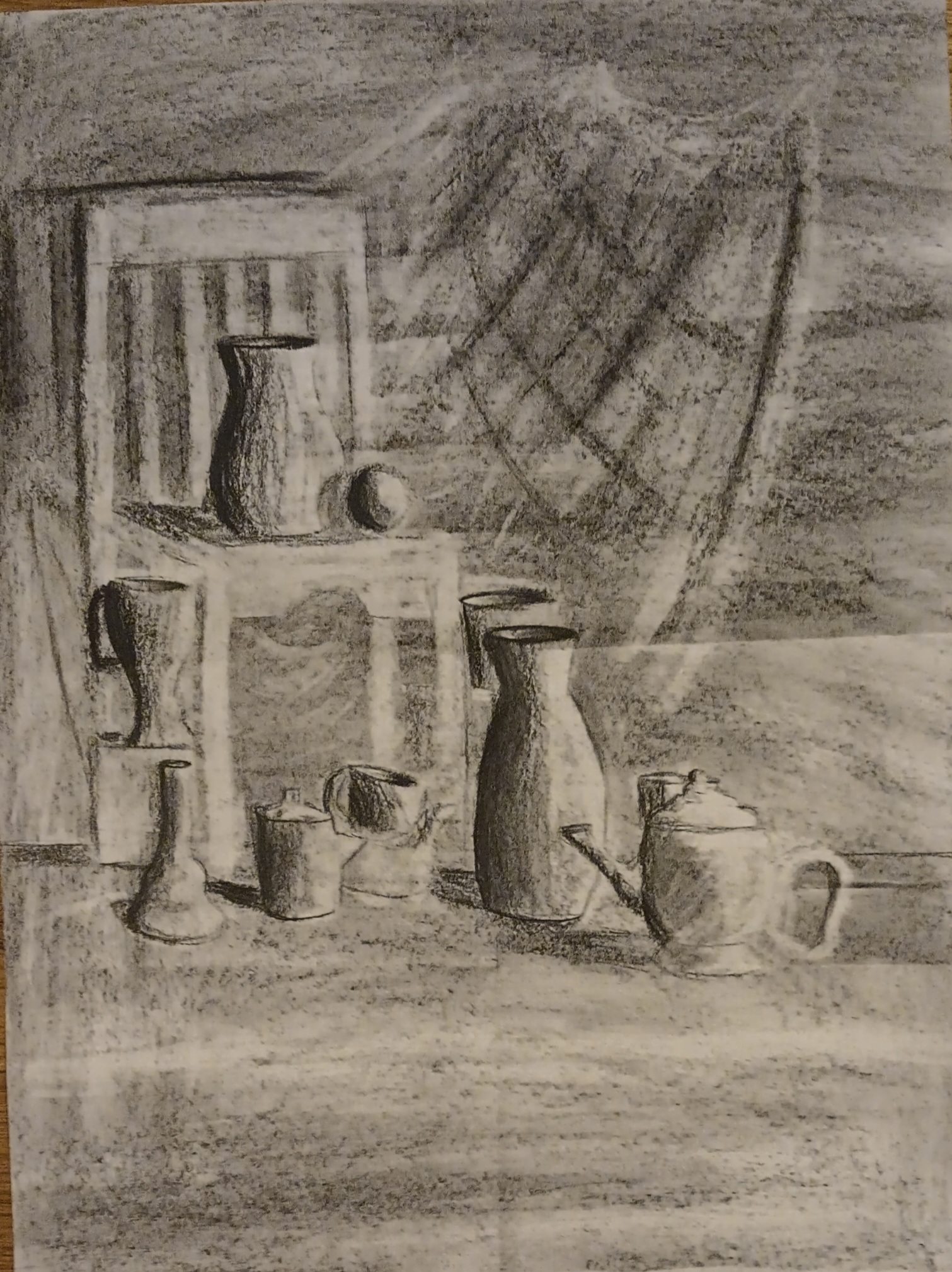 realistic drawing of vases, bottles, and a chair