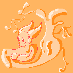 pixel drawing of a monochromatic orange lava lamp wolf with headphones