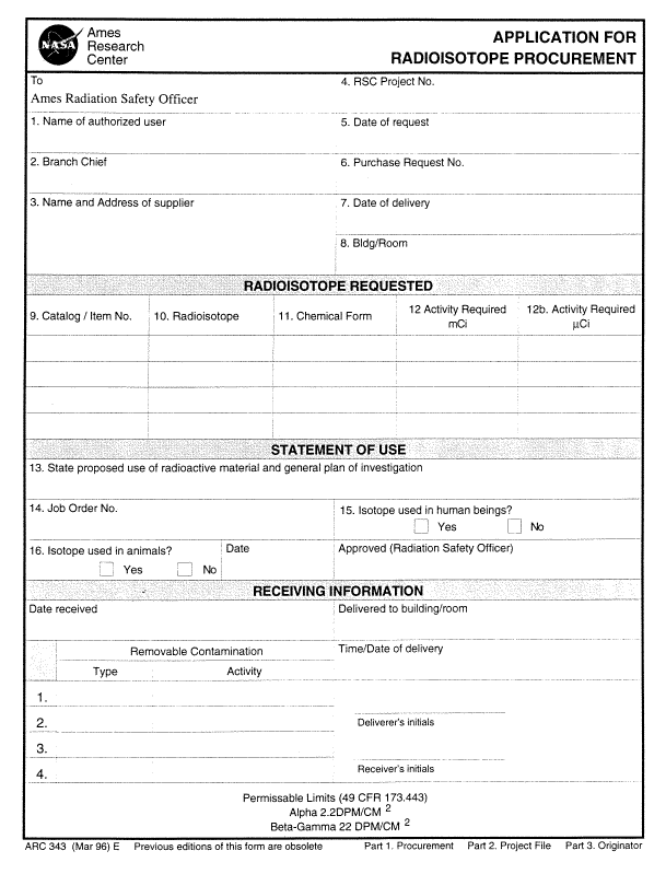 Application form for Radioisotope Procurement ARC 343
