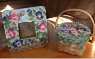 Handpainted Pansy Frame and Basket Set