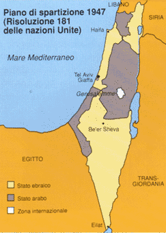 La divisione della Palestina in 2 Stati proposta dall'ONU nel 1947. Fonte: vedi link israeliano in fondo la pagina.
