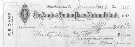 O'Hair Realty check signed by Cora Anna Allen O'Hair