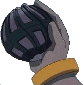 A villain holds up the Dark Ball