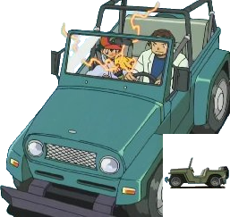 Professor Birch takes Ash and his ill Pikachu to his lab.
INSET:An Officer Jenny's Jeep from a side view.