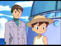 Captain Stern with his little helper in front of the Oceanic Museum, as they appeared in the Pok�mon Advance anime.