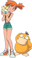 Misty holds up her Togepi while her psyduck stands beside her.