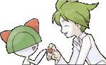 Wally happily feeds a pok�block to his first pok�mon, Ralts
