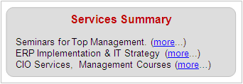 Services Summary: 
Seminars for Top Management
ERP Implementation and Strategy Consulting
CIO Services