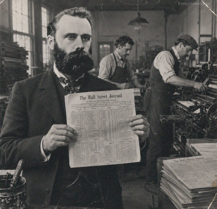 Charles Dow holding an early copy of The Wall Street Journal in an 1889 printing room