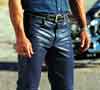Blue leather pants and blue denim shirt