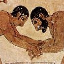 Etruscan tomb painting of gladiators (detail). Tarquinia, central Italy