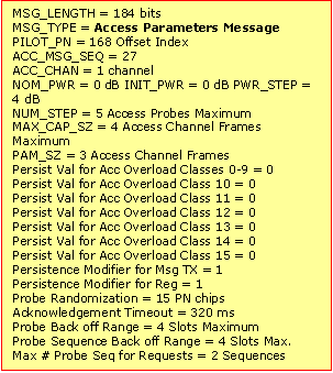 Text Box: MSG_LENGTH = 184 bits
MSG_TYPE = Access Parameters Message
PILOT_PN = 168 Offset Index
ACC_MSG_SEQ = 27
ACC_CHAN = 1 channel
NOM_PWR = 0 dB INIT_PWR = 0 dB PWR_STEP = 4 dB
NUM_STEP = 5 Access Probes Maximum
MAX_CAP_SZ = 4 Access Channel Frames Maximum
PAM_SZ = 3 Access Channel Frames
Persist Val for Acc Overload Classes 0-9 = 0
Persist Val for Acc Overload Class 10 = 0
Persist Val for Acc Overload Class 11 = 0
Persist Val for Acc Overload Class 12 = 0
Persist Val for Acc Overload Class 13 = 0
Persist Val for Acc Overload Class 14 = 0
Persist Val for Acc Overload Class 15 = 0
Persistence Modifier for Msg TX = 1
Persistence Modifier for Reg = 1
Probe Randomization = 15 PN chips
Acknowledgement Timeout = 320 ms
Probe Back off Range = 4 Slots Maximum
Probe Sequence Back off Range = 4 Slots Max.
Max # Probe Seq for Requests = 2 Sequences
Max # Probe Seq for Responses = 2 Sequences
Authentication Mode = 1
Random Challenge Value = Field Omitted
Reserved Bits = 99

