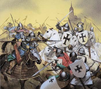 The Teutonic knights fight the Mongols in the battle of Liegnitz
