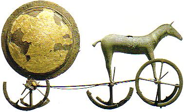 A Pre-Germanic chariot carrying the Sun, gilded bronze, Trundholm, Denmark (14th century BC)
