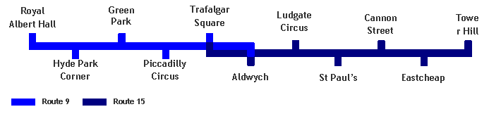 Route Line Diagram Route Map - Route 9, 9H, 15, 15H Heritage Routemaster Route Heritage. Route 9 Royal Albert Hall, Hyde Park Corner, Green Park, Piccadilly Circus, Trafalgar Square, Aldwych, Ludgate Circus, St Pauls, Cannon Street, Eastcheap, Tower Hill.