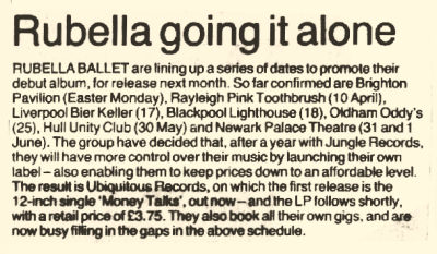 News item for forthcoming UK tour (New Musical Express March 1985)